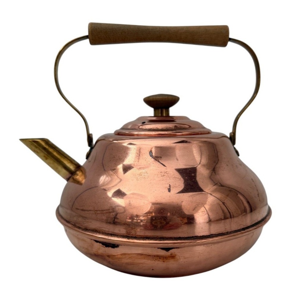 Vintage Hammered Spartan Copper Tea Kettle Stovetop Pot Brass Handle Wood Grip